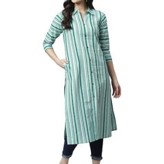 Green - Women's Rayon Kurta | Elegant Rust Stripe Collar-Neck Kurta | Perfect Blend of Comfort & Style | Suitable for Party & Casual Wear