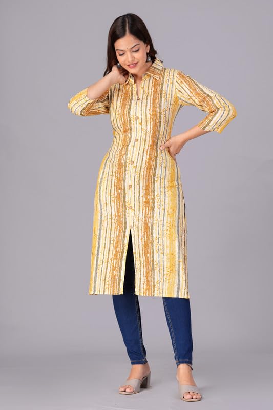 Yellow - Women's Cotton Kurta | Elegant Rust Stripe Collar-Neck Kurta | Perfect Blend of Comfort & Style | Suitable for Party & Casual Wear