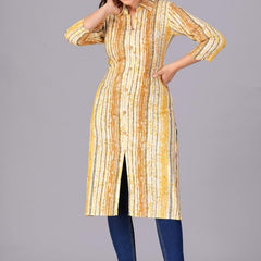 Yellow - Women's Cotton Kurta | Elegant Rust Stripe Collar-Neck Kurta | Perfect Blend of Comfort & Style | Suitable for Party & Casual Wear