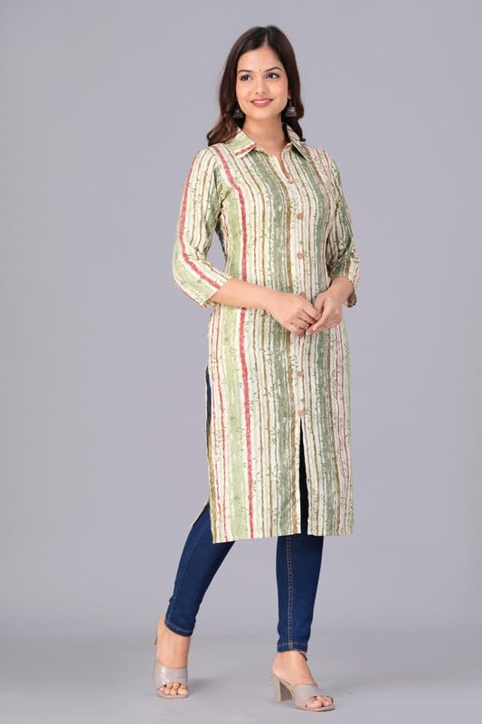 Green - Women's Cotton Kurta | Elegant Rust Stripe Collar-Neck Kurta | Perfect Blend of Comfort & Style | Suitable for Party & Casual Wear
