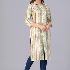 Green - Women's Cotton Kurta | Elegant Rust Stripe Collar-Neck Kurta | Perfect Blend of Comfort & Style | Suitable for Party & Casual Wear