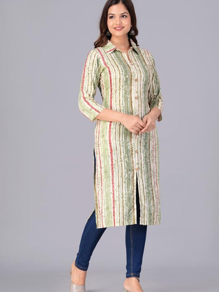 Green - Women's Cotton Kurta | Elegant Rust Stripe Collar-Neck Kurta | Perfect Blend of Comfort & Style | Suitable for Party & Casual Wear