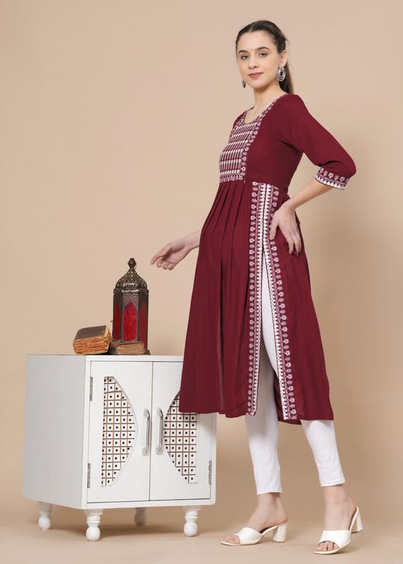 Maroon - Maternity Feeding Kurti with Zipper | Cotton Floral Printed Pregnancy & Nursing Dress | Comfortable & Stylish Maternity Wear for Women | Breastfeeding Kurta with Zipper | Soft & Elegant