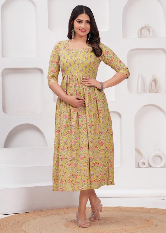 Olive Yellow - JAIPURFAME Maternity Feeding Kurti with Zipper | Cotton Floral Printed Pregnancy & Nursing Dress | Comfortable & Stylish Maternity Wear for Women | Breastfeeding Kurta with Zipper | Soft & Elegant