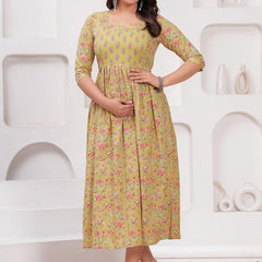 Olive Yellow - Maternity Feeding Kurti with Zipper | Cotton Floral Printed Pregnancy & Nursing Dress | Comfortable & Stylish Maternity Wear for Women | Breastfeeding Kurta with Zipper | Soft & Elegant