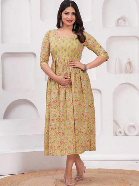 Olive Yellow - Maternity Feeding Kurti with Zipper | Cotton Floral Printed Pregnancy & Nursing Dress | Comfortable & Stylish Maternity Wear for Women | Breastfeeding Kurta with Zipper | Soft & Elegant