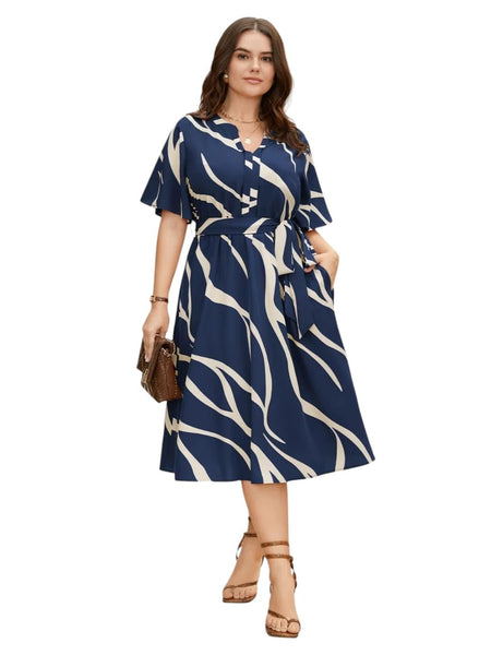Navy Blue - One Piece Dress for Women, New American Print Rayon Midi Dress, Stylish, Modern Party Outfit, Perfect for Casual and Formal Occasions