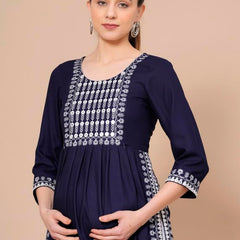 Blue - Maternity Feeding Kurti with Zipper | Cotton Floral Printed Pregnancy & Nursing Dress | Comfortable & Stylish Maternity Wear for Women | Breastfeeding Kurta with Zipper | Soft & Elegant