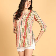 Peach Multi - Women's Floral Printed Cotton Top - Stylish Long Top with Mandarin Collar, Perfect for Jeans, Ideal for Casual & Ethnic Wear