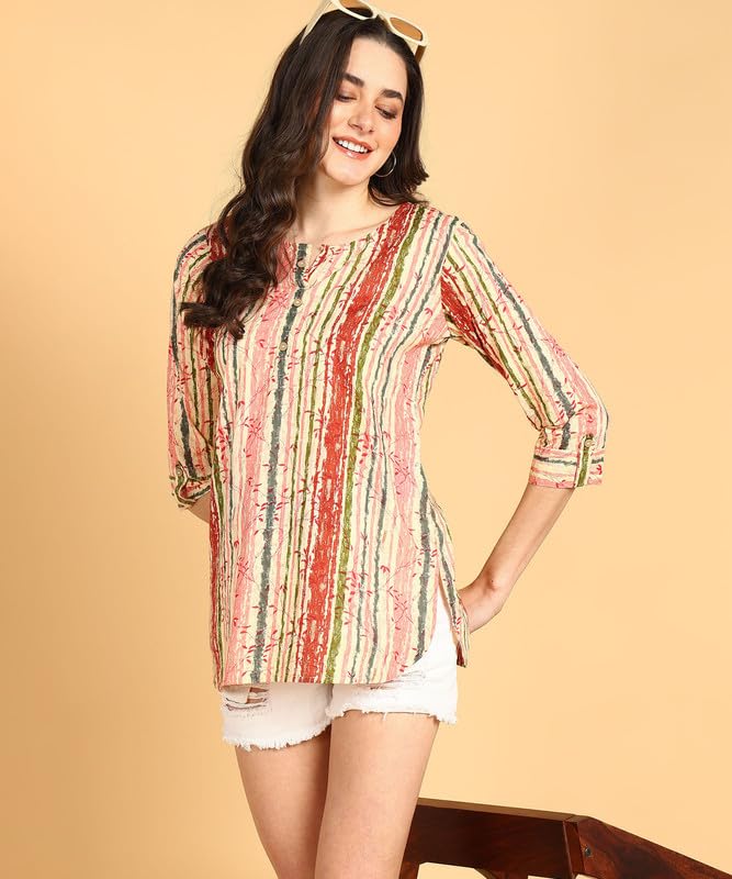 Peach Multi - Women's Floral Printed Cotton Top - Stylish Long Top with Mandarin Collar, Perfect for Jeans, Ideal for Casual & Ethnic Wear