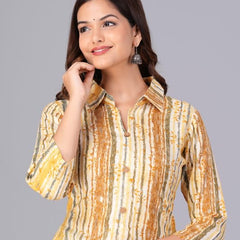 Yellow - Women's Cotton Kurta | Elegant Rust Stripe Collar-Neck Kurta | Perfect Blend of Comfort & Style | Suitable for Party & Casual Wear