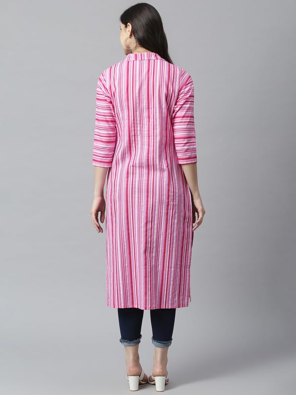 Pink - Women's Rayon Kurta | Elegant Rust Stripe Collar-Neck Kurta | Perfect Blend of Comfort & Style | Suitable for Party & Casual Wear