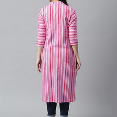 Pink - Women's Rayon Kurta | Elegant Rust Stripe Collar-Neck Kurta | Perfect Blend of Comfort & Style | Suitable for Party & Casual Wear
