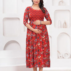 Red - Maternity Feeding Kurti with Zipper | Cotton Floral Printed Pregnancy & Nursing Dress | Comfortable & Stylish Maternity Wear for Women | Breastfeeding Kurta with Zipper | Soft & Elegant