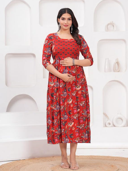 Red - Maternity Feeding Kurti with Zipper | Cotton Floral Printed Pregnancy & Nursing Dress | Comfortable & Stylish Maternity Wear for Women | Breastfeeding Kurta with Zipper | Soft & Elegant