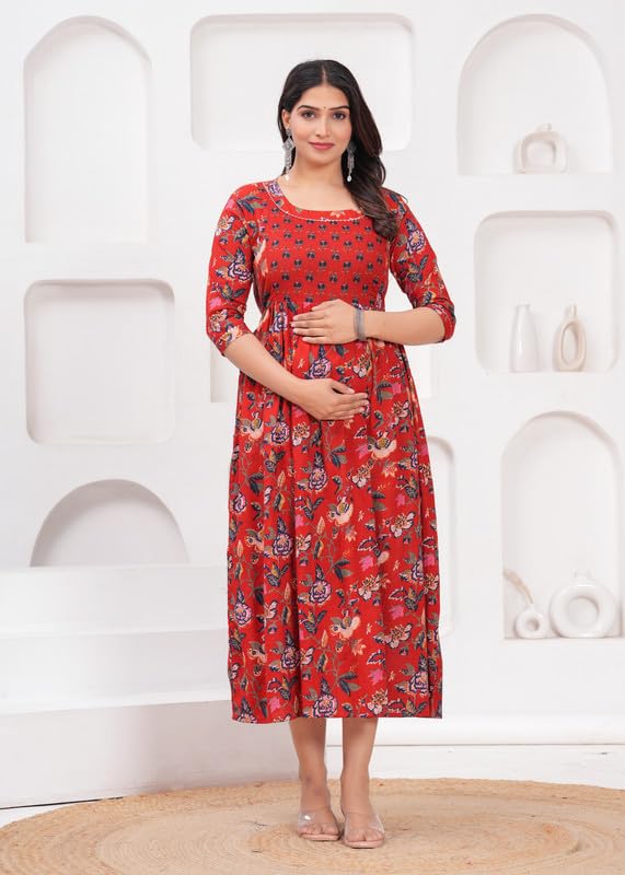 Red - JAIPURFAME Maternity Feeding Kurti with Zipper | Cotton Floral Printed Pregnancy & Nursing Dress | Comfortable & Stylish Maternity Wear for Women | Breastfeeding Kurta with Zipper | Soft & Elegant