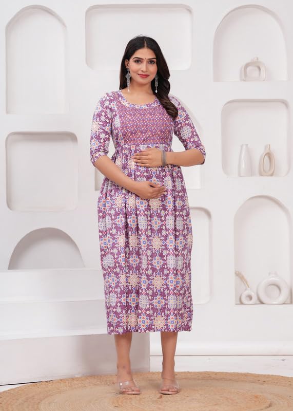 Pink - Maternity Feeding Kurti with Zipper | Cotton Floral Printed Pregnancy & Nursing Dress | Comfortable & Stylish Maternity Wear for Women | Breastfeeding Kurta with Zipper | Soft & Elegant