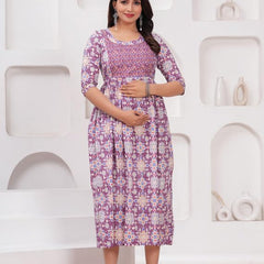 Pink - Maternity Feeding Kurti with Zipper | Cotton Floral Printed Pregnancy & Nursing Dress | Comfortable & Stylish Maternity Wear for Women | Breastfeeding Kurta with Zipper | Soft & Elegant