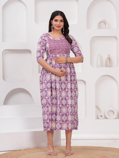 Pink - Maternity Feeding Kurti with Zipper | Cotton Floral Printed Pregnancy & Nursing Dress | Comfortable & Stylish Maternity Wear for Women | Breastfeeding Kurta with Zipper | Soft & Elegant