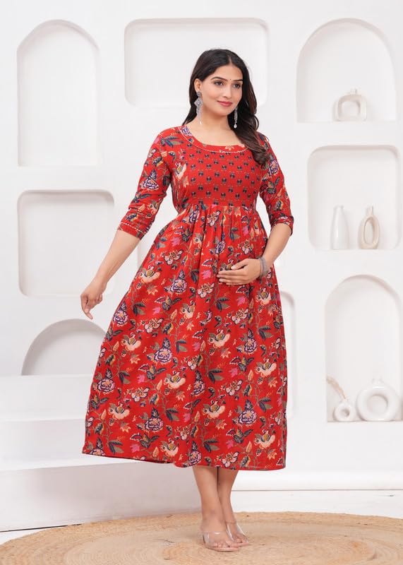 Red - Maternity Feeding Kurti with Zipper | Cotton Floral Printed Pregnancy & Nursing Dress | Comfortable & Stylish Maternity Wear for Women | Breastfeeding Kurta with Zipper | Soft & Elegant