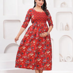 Red - Maternity Feeding Kurti with Zipper | Cotton Floral Printed Pregnancy & Nursing Dress | Comfortable & Stylish Maternity Wear for Women | Breastfeeding Kurta with Zipper | Soft & Elegant