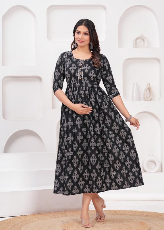 Black - Maternity Feeding Kurti with Zipper | Cotton Floral Printed Pregnancy & Nursing Dress | Comfortable & Stylish Maternity Wear for Women | Breastfeeding Kurta with Zipper | Soft & Elegant