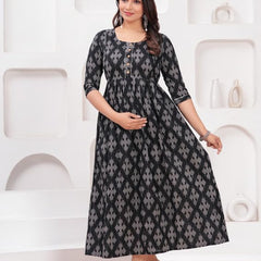 Black - Maternity Feeding Kurti with Zipper | Cotton Floral Printed Pregnancy & Nursing Dress | Comfortable & Stylish Maternity Wear for Women | Breastfeeding Kurta with Zipper | Soft & Elegant