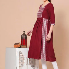 Maroon - Maternity Feeding Kurti with Zipper | Cotton Floral Printed Pregnancy & Nursing Dress | Comfortable & Stylish Maternity Wear for Women | Breastfeeding Kurta with Zipper | Soft & Elegant