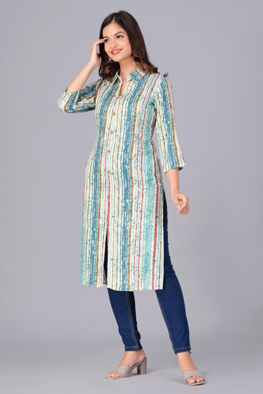 Sky Blue - Women's Cotton Kurta | Elegant Rust Stripe Collar-Neck Kurta | Perfect Blend of Comfort & Style | Suitable for Party & Casual Wear