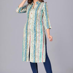 Sky Blue - Women's Cotton Kurta | Elegant Rust Stripe Collar-Neck Kurta | Perfect Blend of Comfort & Style | Suitable for Party & Casual Wear