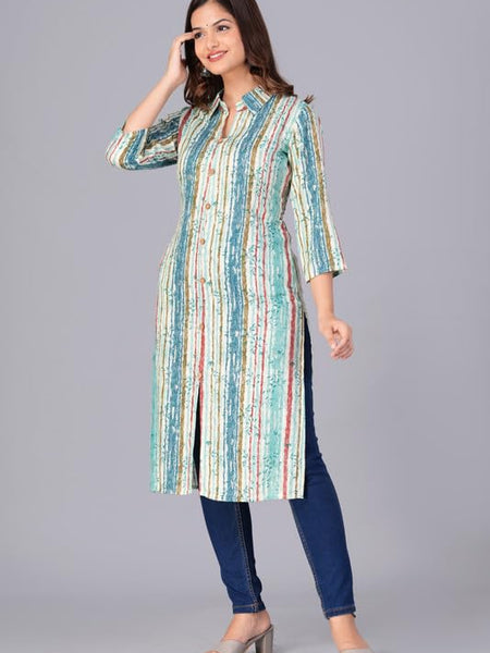 Sky Blue - Women's Cotton Kurta | Elegant Rust Stripe Collar-Neck Kurta | Perfect Blend of Comfort & Style | Suitable for Party & Casual Wear