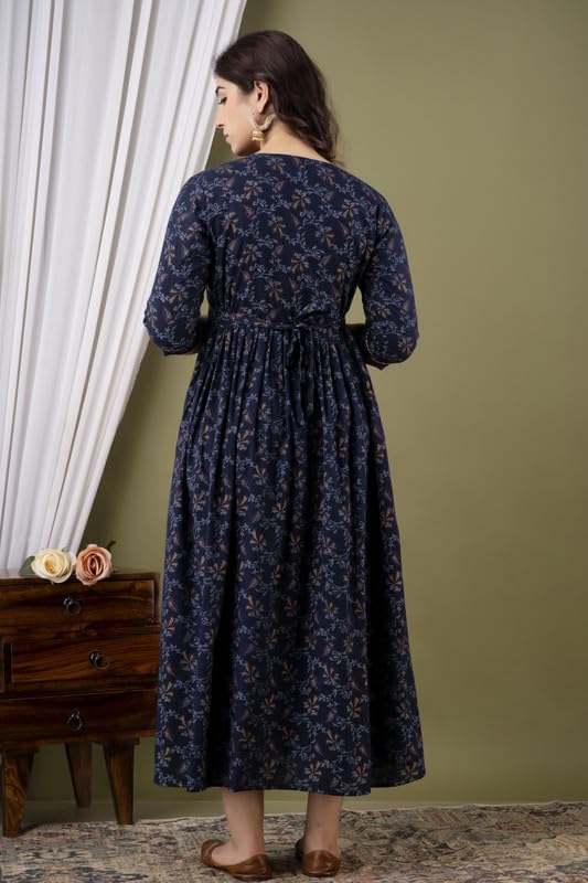 Dark Blue - Maternity Feeding Kurti with Zipper | Cotton Floral Printed Pregnancy & Nursing Dress | Comfortable Maternity Wear for Women | Breastfeeding Kurta Set with Zip | Stylish & Soft