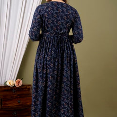 Dark Blue - Maternity Feeding Kurti with Zipper | Cotton Floral Printed Pregnancy & Nursing Dress | Comfortable Maternity Wear for Women | Breastfeeding Kurta Set with Zip | Stylish & Soft