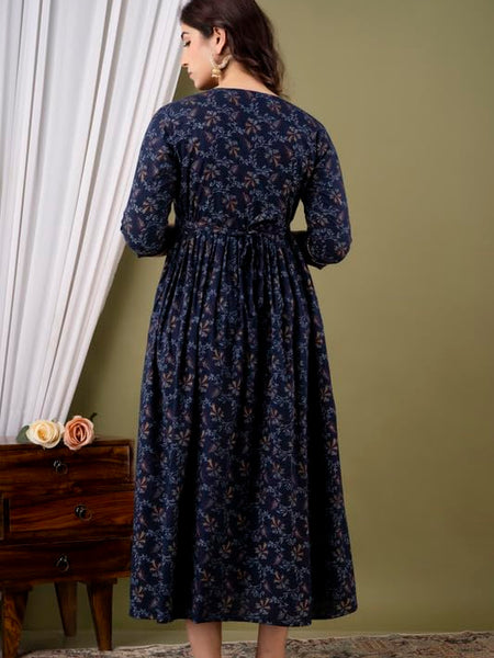 Dark Blue - JAIPURFAME Maternity Feeding Kurti with Zipper | Cotton Floral Printed Pregnancy & Nursing Dress | Comfortable & Stylish Maternity Wear for Women | Breastfeeding Kurta with Zipper | Soft & Elegant