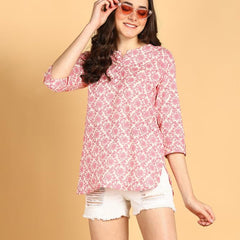 Pink - Women's Floral Printed Cotton Top - Stylish Long Top with Mandarin Collar, Perfect for Jeans, Ideal for Casual & Ethnic Wear