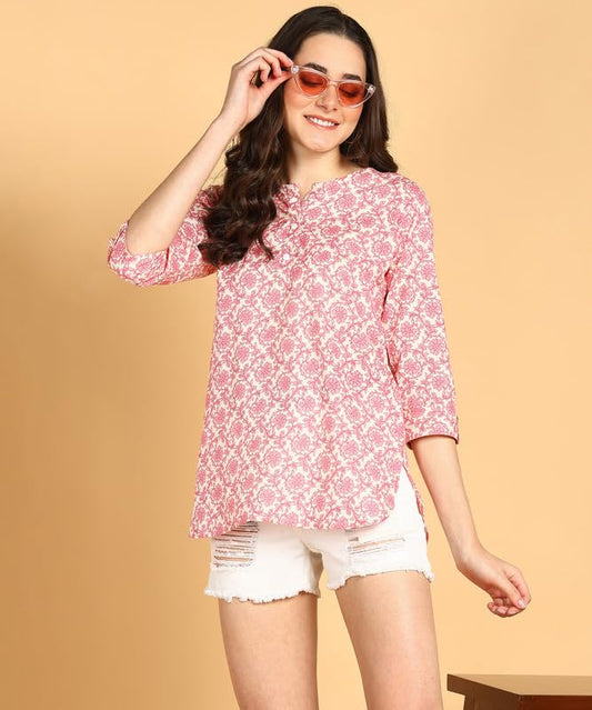Pink - Women's Floral Printed Cotton Top - Stylish Long Top with Mandarin Collar, Perfect for Jeans, Ideal for Casual & Ethnic Wear