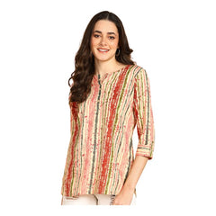 Peach Multi - Women's Floral Printed Cotton Top - Stylish Long Top with Mandarin Collar, Perfect for Jeans, Ideal for Casual & Ethnic Wear
