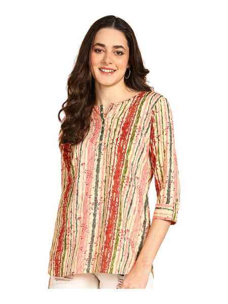 Peach Multi - Women's Floral Printed Cotton Top - Stylish Long Top with Mandarin Collar, Perfect for Jeans, Ideal for Casual & Ethnic Wear