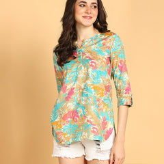 Cream - Women's Floral Printed Cotton Top - Stylish Long Top with Mandarin Collar, Perfect for Jeans, Ideal for Casual & Ethnic Wear
