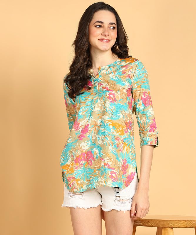 Cream - Women's Floral Printed Cotton Top - Stylish Long Top with Mandarin Collar, Perfect for Jeans, Ideal for Casual & Ethnic Wear