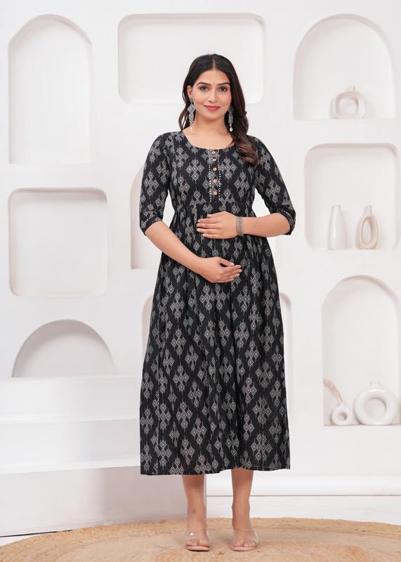 Black - JAIPURFAME Maternity Feeding Kurti with Zipper | Cotton Floral Printed Pregnancy & Nursing Dress | Comfortable & Stylish Maternity Wear for Women | Breastfeeding Kurta with Zipper | Soft & Elegant