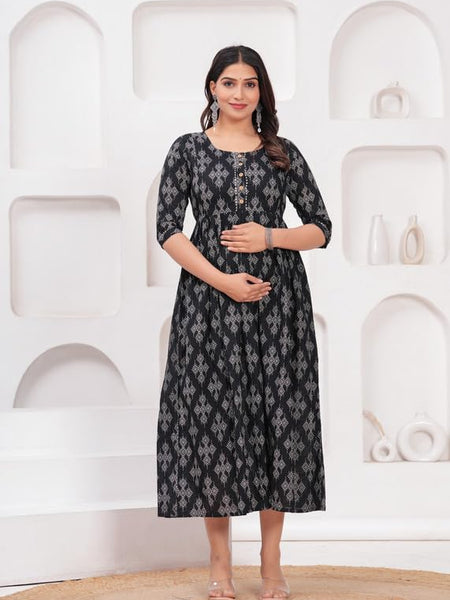 Black - Maternity Feeding Kurti with Zipper | Cotton Floral Printed Pregnancy & Nursing Dress | Comfortable & Stylish Maternity Wear for Women | Breastfeeding Kurta with Zipper | Soft & Elegant