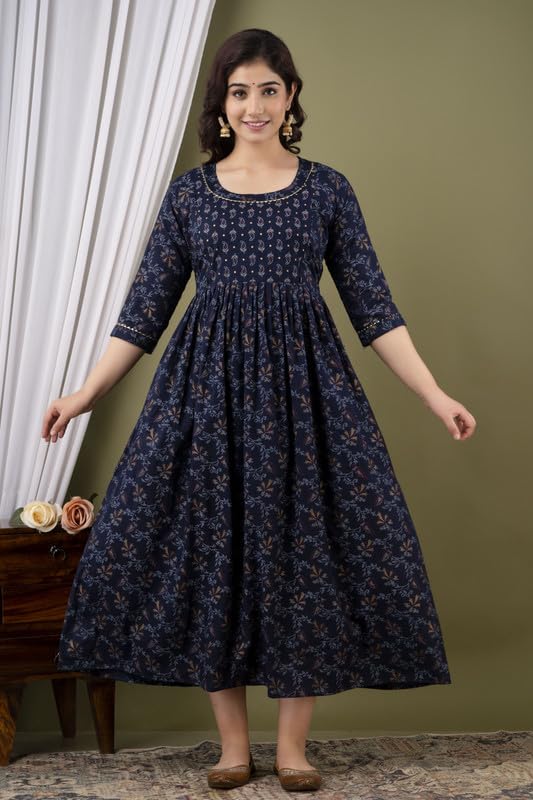 Dark Blue - Maternity Feeding Kurti with Zipper | Cotton Floral Printed Pregnancy & Nursing Dress | Comfortable Maternity Wear for Women | Breastfeeding Kurta Set with Zip | Stylish & Soft