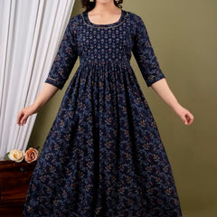 Dark Blue - Maternity Feeding Kurti with Zipper | Cotton Floral Printed Pregnancy & Nursing Dress | Comfortable Maternity Wear for Women | Breastfeeding Kurta Set with Zip | Stylish & Soft