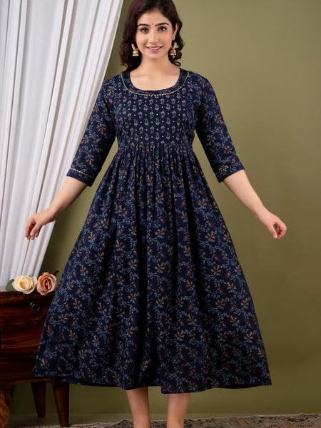 Dark Blue - JAIPURFAME Maternity Feeding Kurti with Zipper | Cotton Floral Printed Pregnancy & Nursing Dress | Comfortable & Stylish Maternity Wear for Women | Breastfeeding Kurta with Zipper | Soft & Elegant