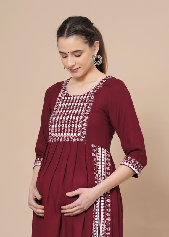 Maroon - Maternity Feeding Kurti with Zipper | Cotton Floral Printed Pregnancy & Nursing Dress | Comfortable & Stylish Maternity Wear for Women | Breastfeeding Kurta with Zipper | Soft & Elegant
