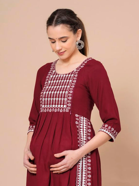 Maroon - Maternity Feeding Kurti with Zipper | Cotton Floral Printed Pregnancy & Nursing Dress | Comfortable & Stylish Maternity Wear for Women | Breastfeeding Kurta with Zipper | Soft & Elegant