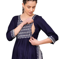 Blue - Maternity Feeding Kurti with Zipper | Cotton Floral Printed Pregnancy & Nursing Dress | Comfortable & Stylish Maternity Wear for Women | Breastfeeding Kurta with Zipper | Soft & Elegant