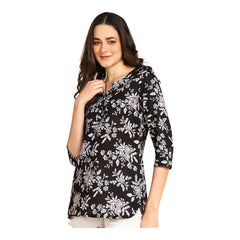 Black1 - Women's Floral Printed Cotton Top - Stylish Long Top with Mandarin Collar, Perfect for Jeans, Ideal for Casual & Ethnic Wear