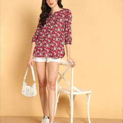 Wain - Women's Floral Printed Cotton Top - Stylish Long Top with Mandarin Collar, Perfect for Jeans, Ideal for Casual & Ethnic Wear